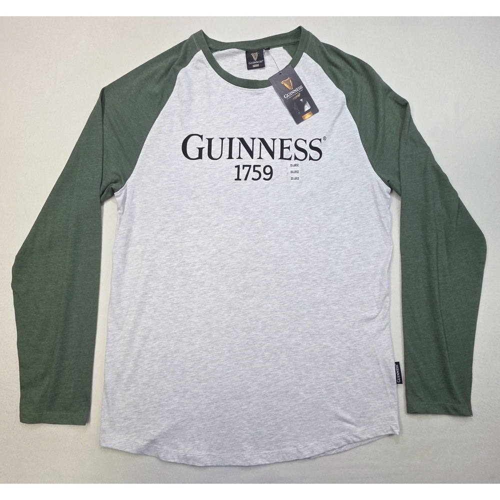 NEW Guinness Irish Label Classic Raglan Long Sleeve Shirt Green Gray Men 2XL $36